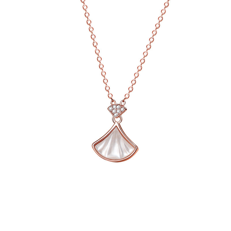 Small Skirt Sterling Silver 925 Necklace Female Niche Design Light Luxury White Fritillary Fan Clavicle Chain Zircon Shell Pendant