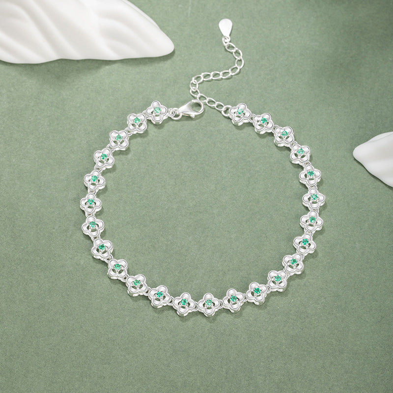 Fine Silver Clover and Petal Bracelet – Zircon Accents