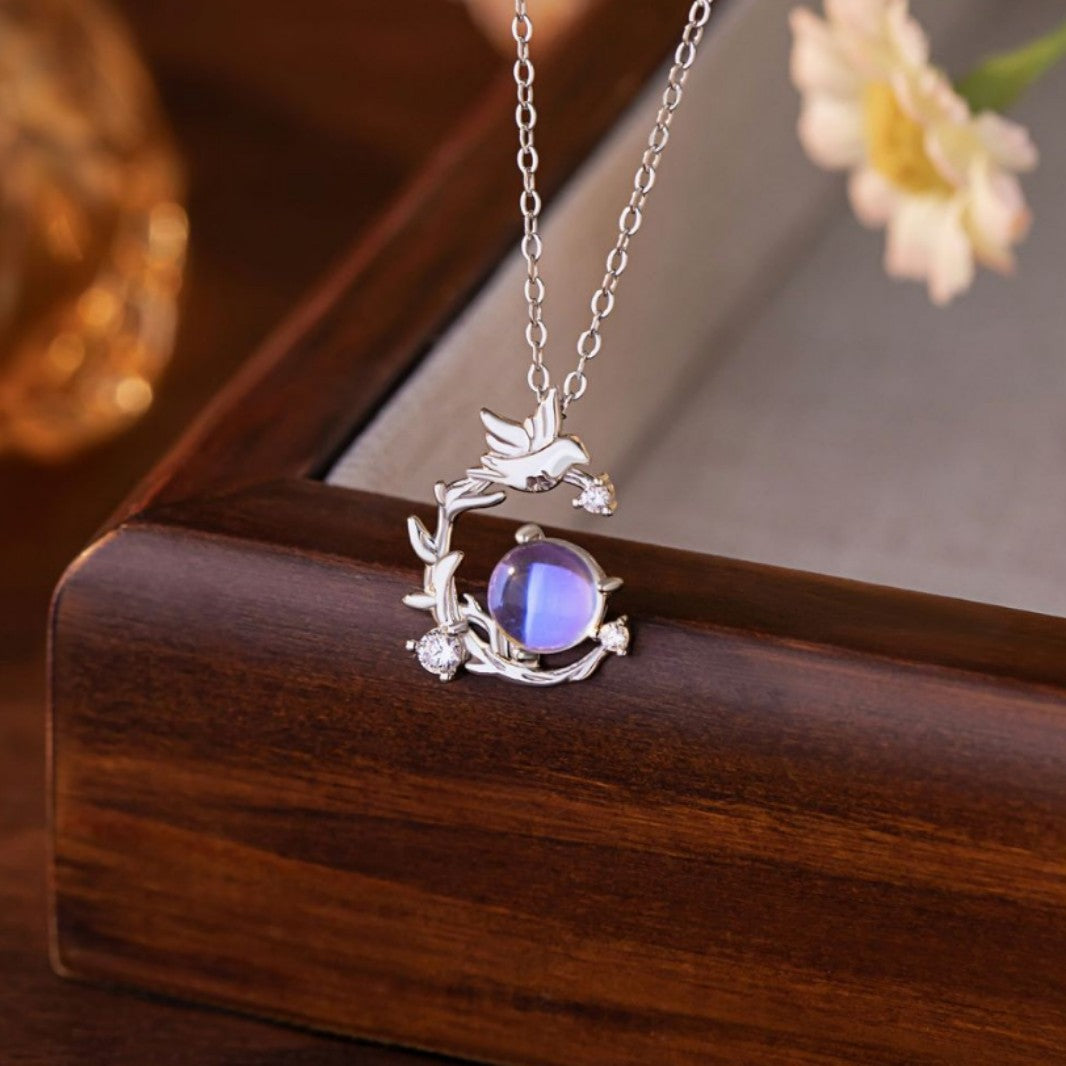 Blue Eucalyptus and Bird Sterling Silver 925 Necklace Women's Light Luxury High-Grade Glazed Stone Clavicle Chain Ins Valentine's Day Gift Pendant