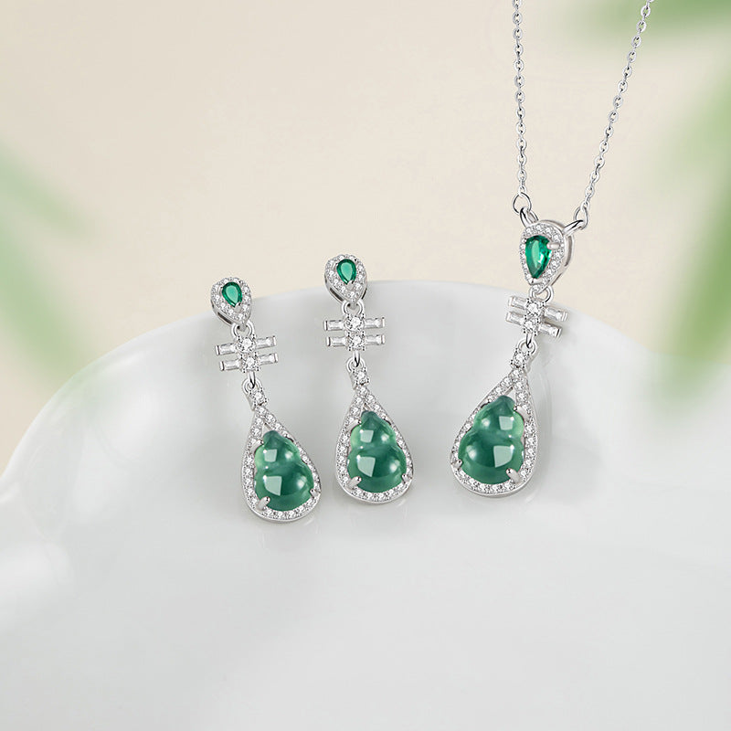 Fu Lu Ankang Sterling Silver 925 Stud Earrings Women's Light Luxury Natural Dangerous Material Blue Water Jade Earrings Ins Style Gourd Earrings