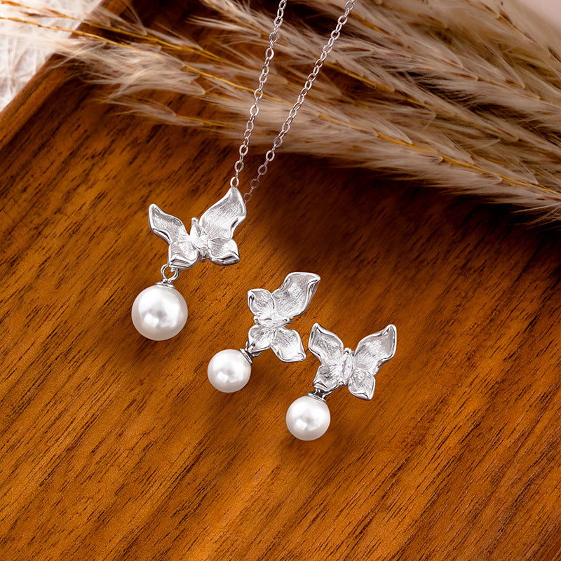 Brushed Butterfly Pearl S925 Sterling Silver Necklace Ring Stud Earrings Niche Light Luxury Valentine's Day Gift Jewelry Set for Women
