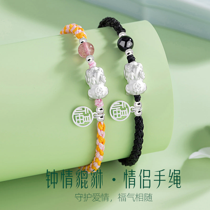 Pure Silver 999 Couple Bracelet New Chinese Style National Fashion Strawberry Crystal Lucky Bracelet Ins Style Lucky Beads Bracelet