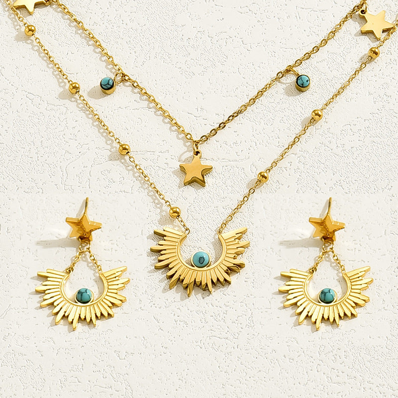 New Fashion Trendy Earrings Clavicle Chain Women's Suit Niche Inlaid Turquoise Design Ear Buckle Necklace Jewelry
