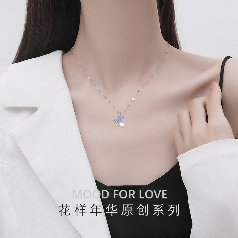 Original Design Butterfly Necklace Female 925 Silver Mori Style Valentine's Day Niche Personality Glaze Ins Cute Pendant