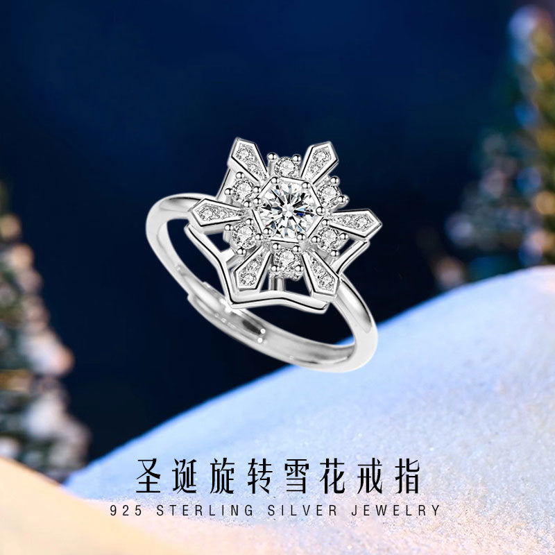 Snowflake Rotating Sterling Silver 925 Ring Female Niche Design Light Luxury Christmas Zircon Ring Ins Star Pair Ring
