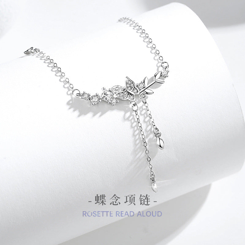 Butterfly Sterling Silver 925 Necklace Female Personality Fashion Versatile Zircon Clavicle Chain Ins Delogistics Su Flower Pendant