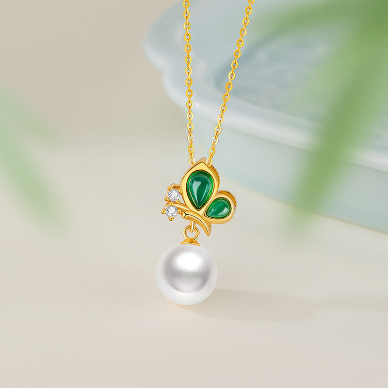 Butterfly Sterling Silver 925 Chalcedony Necklace Women's Light Luxury High-Grade Natural Freshwater Pearl Clavicle Chain Ins Zircon Pendant