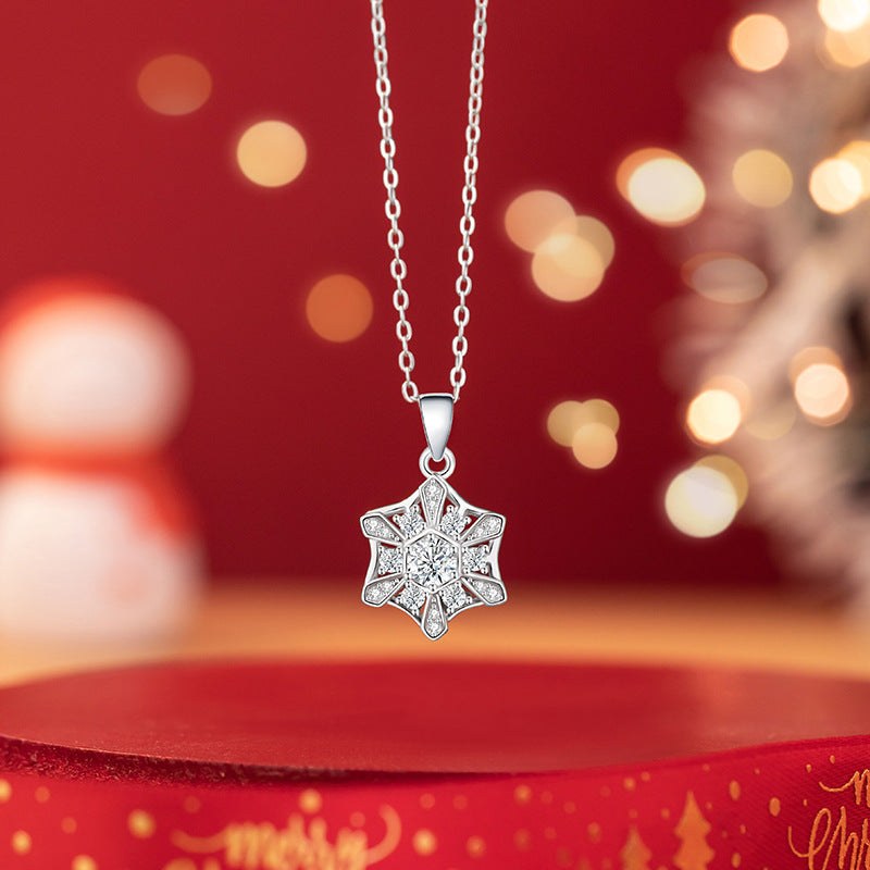 Christmas Snowflake Sterling Silver 925 Rotatable Necklace Female Niche Design Light Luxury Star Mango Clavicle Chain Ins Style Pendant