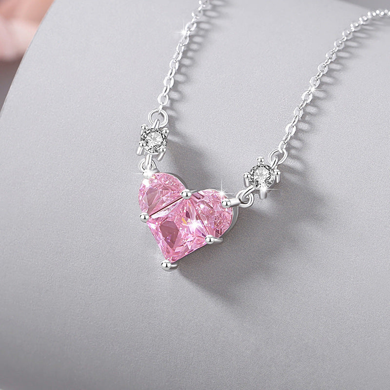 Heart-Shaped Sterling Silver 925 Necklace for Women, Niche Design, Light Luxury Pink Diamond Clavicle Chain, INS Style Heart-Shaped Pendant