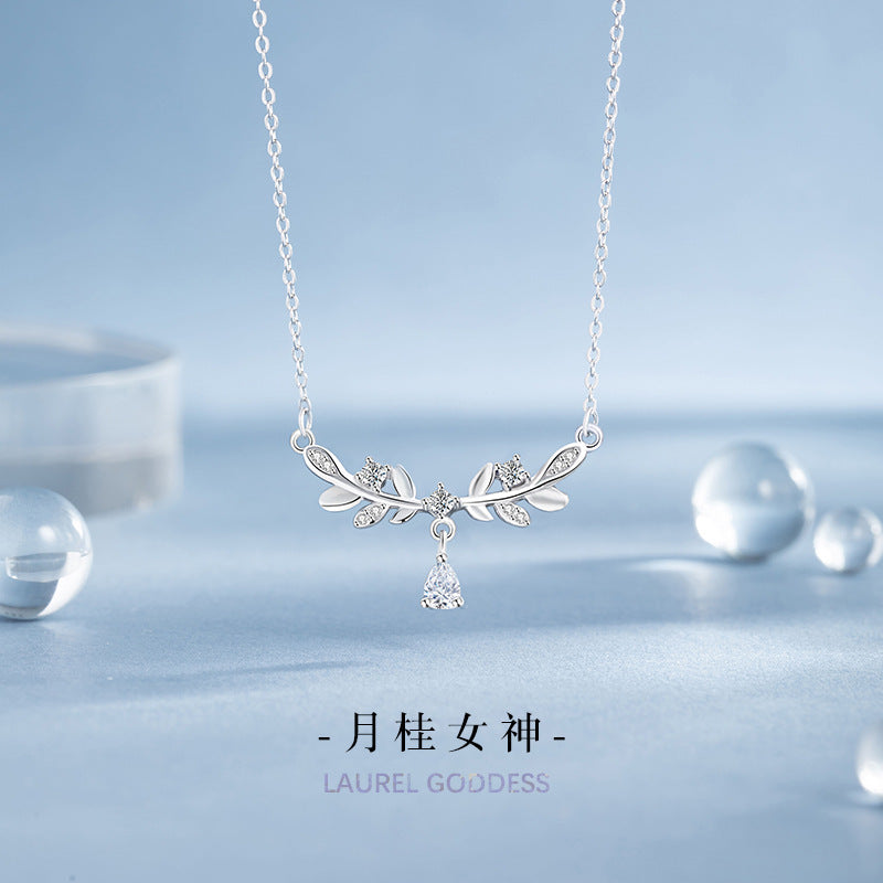 Laurel Goddess Pure Silver 999 Necklace Female Niche Design Light Luxury Zircon Clavicle Chain Ins Style Wheat Ear Pendant