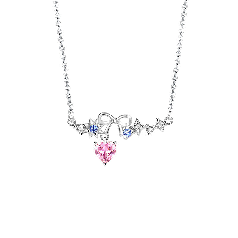 Lovely Sterling Silver 925 Necklace Women's Fashion All-Match Star Pink Diamond Clavicle Chain Ins Style Bow Tassel Pendant