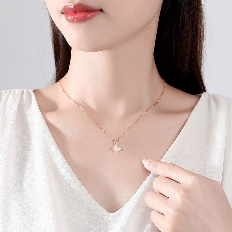 Butterfly Hetian Jade Sterling Silver 925 Necklace Female Niche Design Light Luxury Clavicle Chain Material Ins Style Zircon Pendant