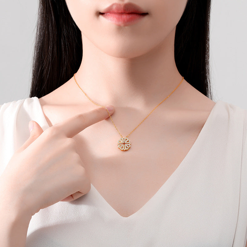 Lucky Clover Sterling Silver 925 Necklace Niche Design Magnetic Clavicle Chain a Two-Piece Zircon Love Pendant