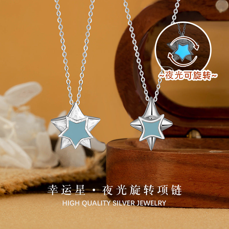 Creative Luminous Rotatable Star Silver Necklace S925 Sterling Silver Niche Design Sense Birthday Gift for Girlfriend Wholesale