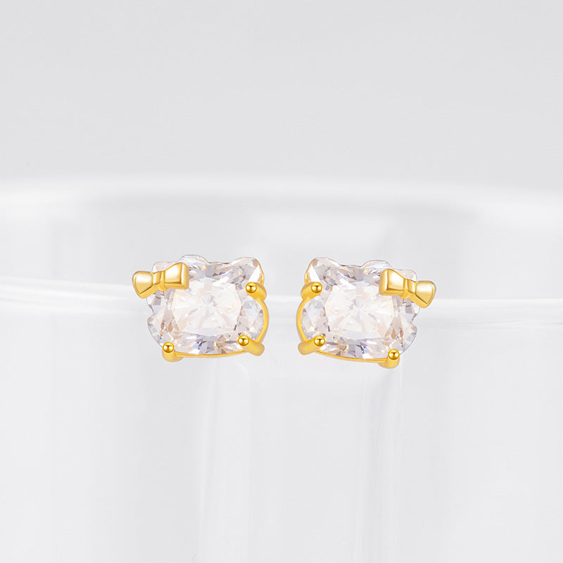 Lucky Cat Sterling Silver 925 Stud Earrings Female Niche Design Light Luxury Bow Zircon Earrings Ins Style Earrings