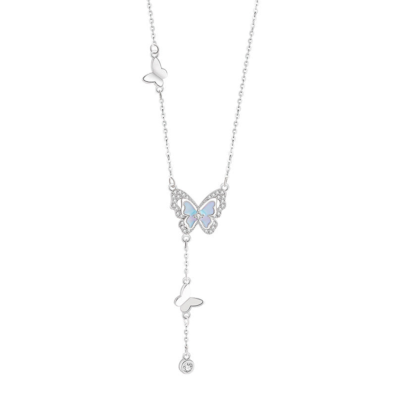 Butterfly Pure Silver 999 Luminous Necklace Female Cute Sweet Style Tassel Clavicle Chain Small Red Book Same Zircon Pendant