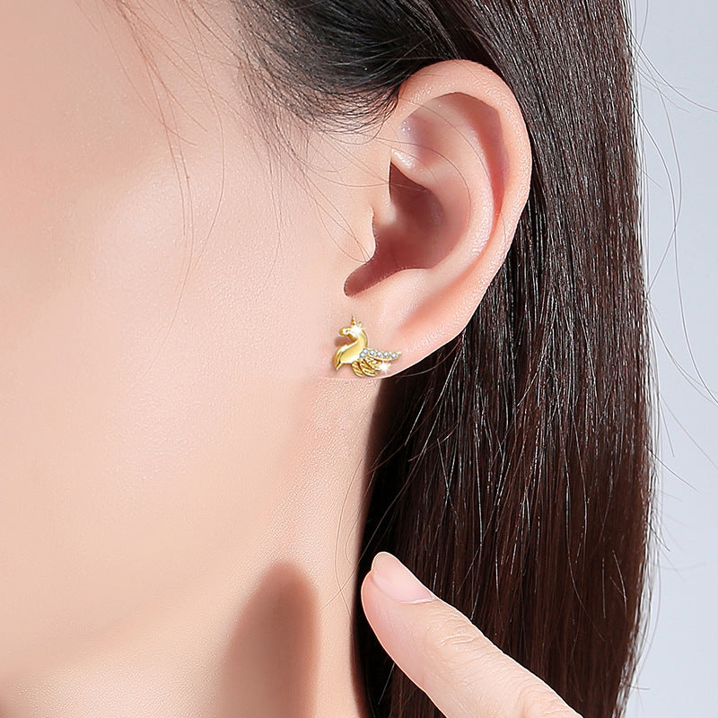 Unicorn Sterling Silver 925 Stud Earrings Female Niche Design Light Luxury Zircon Earrings Get Things Ins Style Tianma Pendant