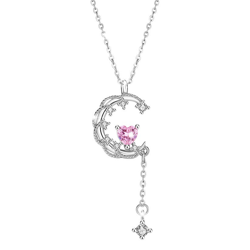 Moon Sterling Silver 925 Necklace Female Niche Design Light Luxury Tassel Clavicle Chain Get Things Ins Style Love Pendant