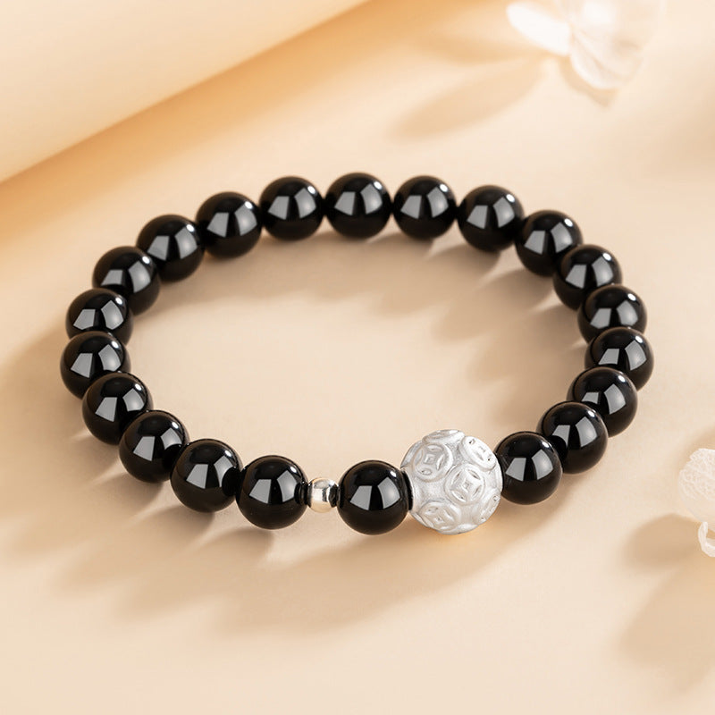 Copper Coin Sterling Silver 925 Bracelet New Chinese National Fashion Obsidian Lucky Beads Bracelet Light Luxury Little Red Book Same Bracelet