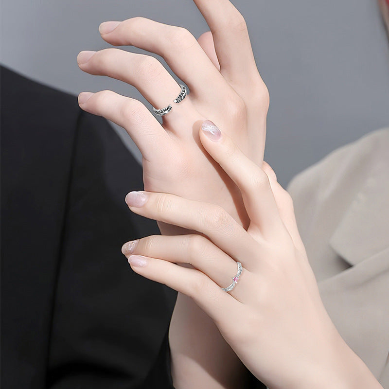 Guardian Feather Pure Silver 925 Couple Ring Men and Women Fashion All-Match Feather Ring Get Things Ins Love Ring
