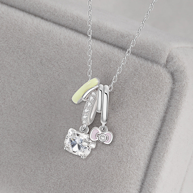 Cute Cat Sterling Silver 925 Necklace Female Sweet Fairy Style Dopamine Donut Clavicle Chain Bow Pendant