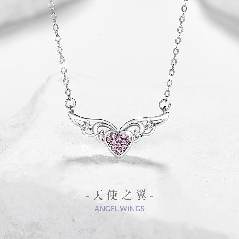 Angel Wings Sterling Silver 925 Necklace Female Niche Design Light Luxury Pink Diamond Clavicle Chain Thing Ins Love Pendant