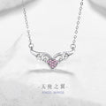 Angel Wings Sterling Silver 925 Necklace Female Niche Design Light Luxury Pink Diamond Clavicle Chain Thing Ins Love Pendant
