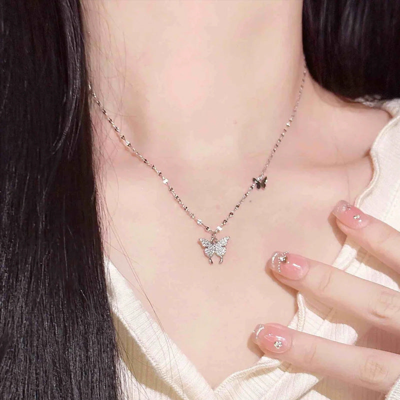Butterfly Pure Silver 999 Necklace Female Niche Design Light Luxury Zircon Clavicle Chain Ins Style Sparkling Pendant