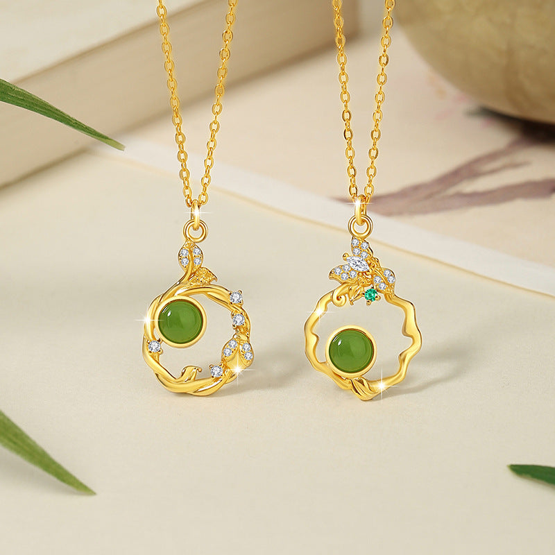 Original Butterfly Sterling Silver 925 Hetian Jasper Necklace New Chinese Flower Zircon Clavicle Chain Ins Style Flower Bud Pendant