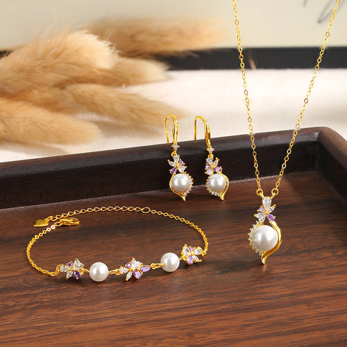 2026 New Chinese Style Wisteria Pearl Butterfly Silver Jewelry Set Women's Light Luxury Niche Necklace Bracelet Earrings Wholesale