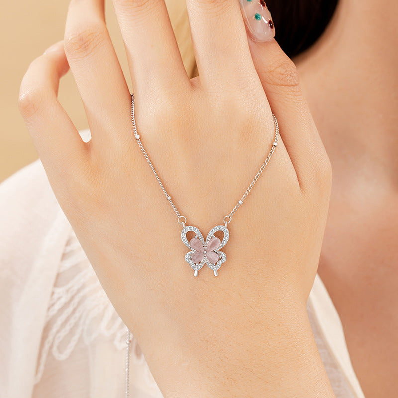 Butterfly Sterling Silver 925 Necklace Female Niche Design Light Luxury Pink Opal Clavicle Chain Ins Style Love Pendant