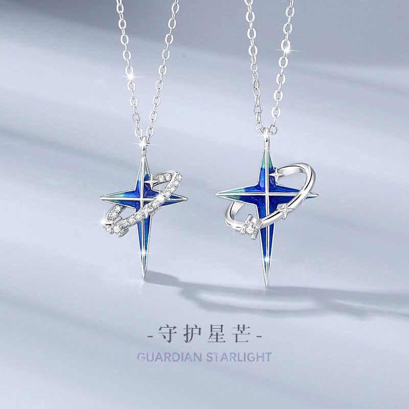 Star Sterling Silver 925 Couple Necklace Female Light Luxury Planet Zircon Clavicle Chain Get Things Ins Style Four Awn Star Pendant
