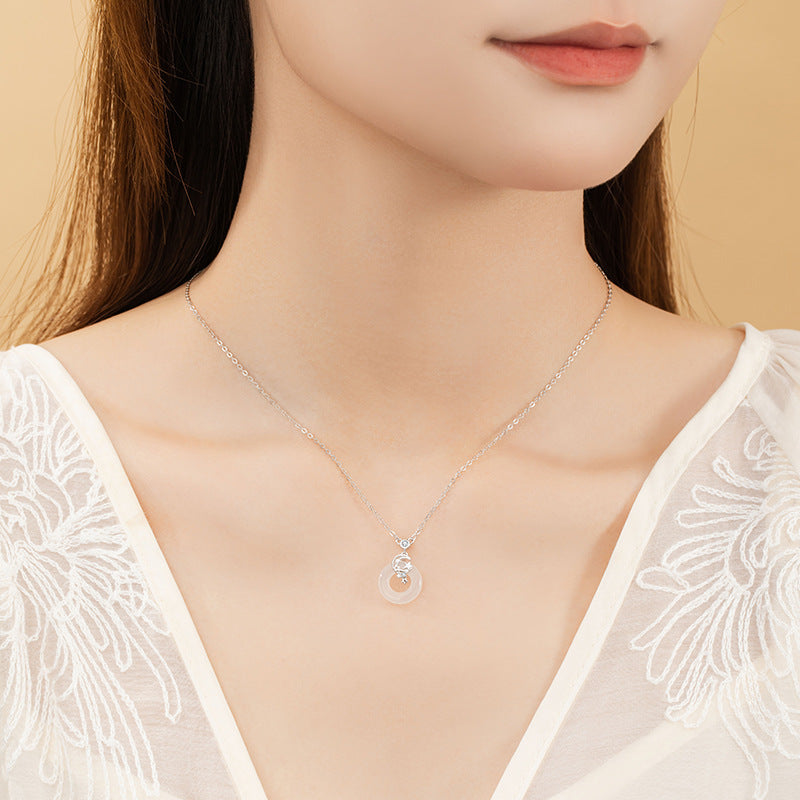 Star Sterling Silver 925 Safety Buckle Necklace for Women New Chinese National Fashion Moon Zircon Clavicle Chain Ins Style Chalcedony Pendant