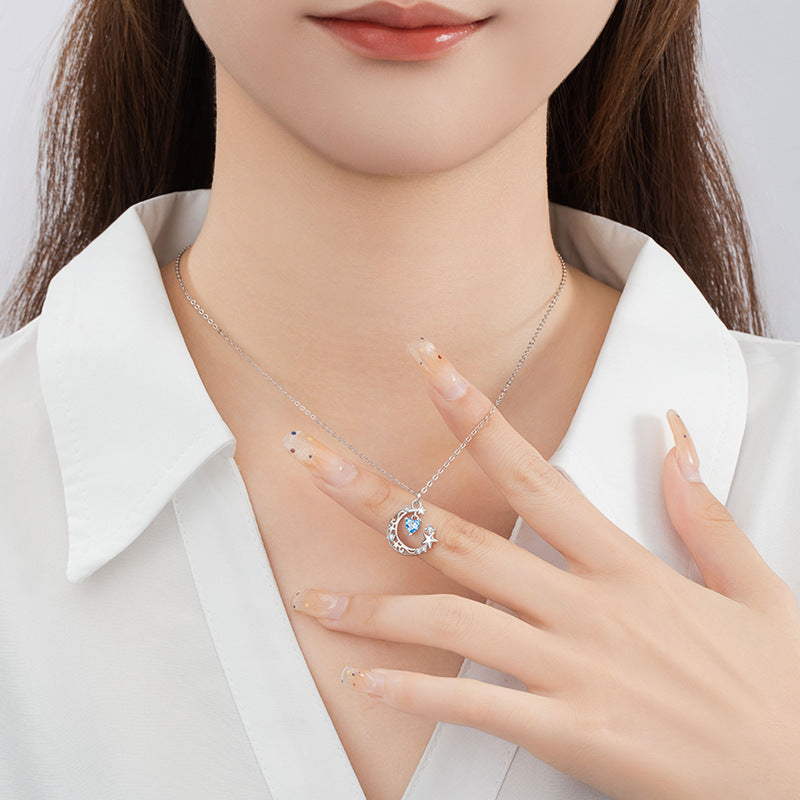Star Sterling Silver 925 Necklace Female Niche Design Light Luxury Heart Zircon Clavicle Chain Ins Style Moon Pendant