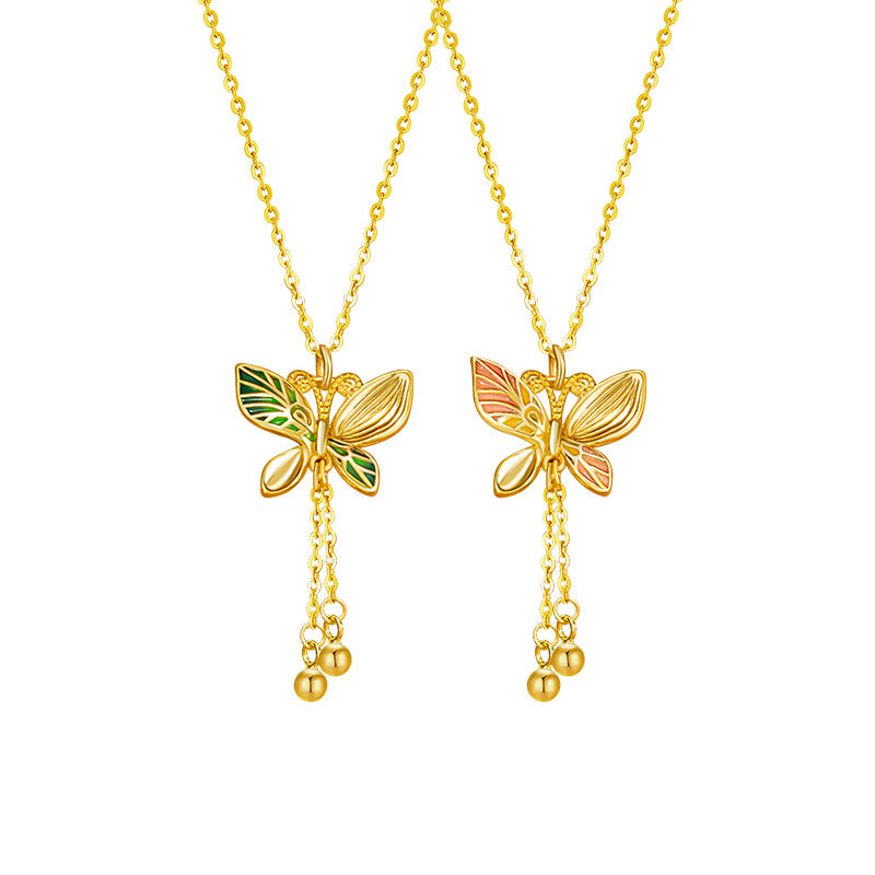 Butterfly Sterling Silver 925 Necklace Female Niche Design Light Luxury Pink Epoxy Clavicle Chain Ins Style Tassel Pendant