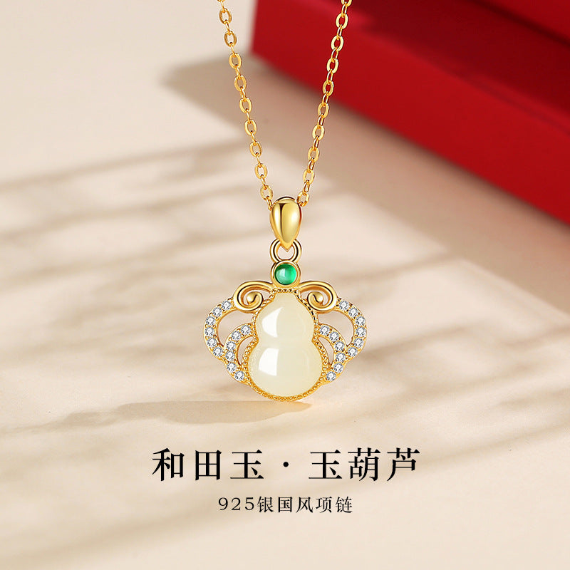 Fu Lu Double Full Hetian Jade Sterling Silver 925 Necklace Women's National Fashion Ethnic Style Clavicle Chain Green Agate Jade Gourd Pendant