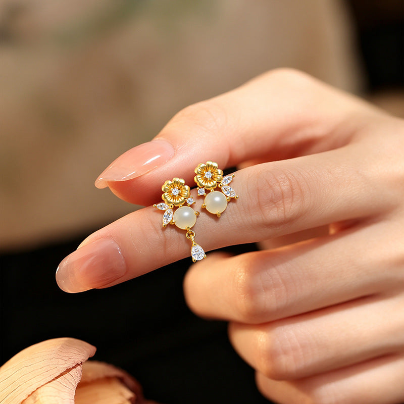Mo Li S925 Sterling Silver Hetian Jade Necklace Bracelet Stud Earrings Jasmine Design Sense New Chinese Style Light Luxury Gift Silver Jewelry