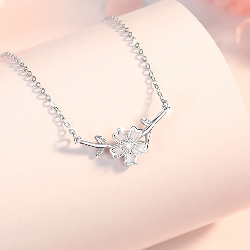 Cherry Blossom Sterling Silver 925 Necklace Female Niche Design Light Luxury Leaf Clavicle Chain Get Things Ins Style Flower Pendant