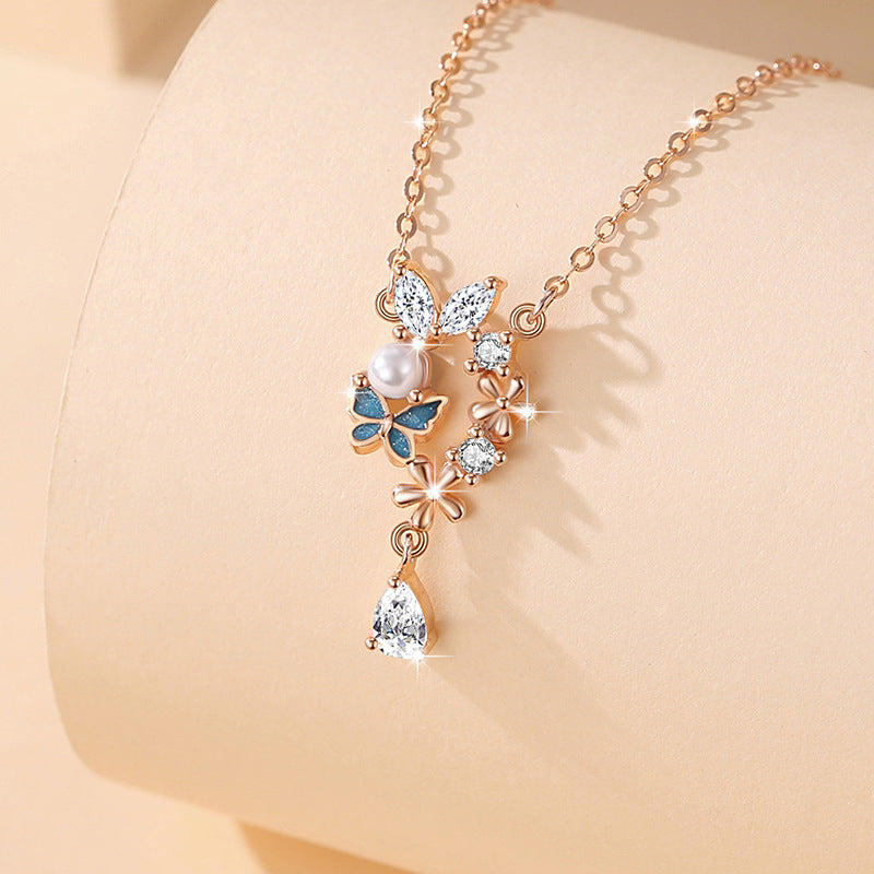 Butterfly Sterling Silver 925 Necklace Female Niche Design Light Luxury Zircon Tassel Clavicle Chain Ins Style Flower Pendant