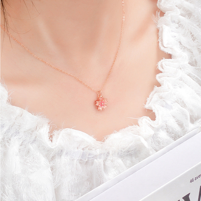 S925 Sterling Silver Rotating Cherry Blossom Necklace Female Rose Gold Niche Design Clavicle Chain Qixi Gift Jewelry Wholesale