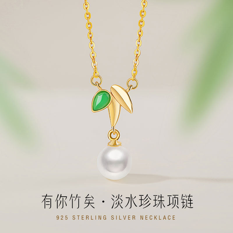 High-Rise Sterling Silver 925 Necklace Women's High-Grade Freshwater Pearl Bamboo Clavicle Chain Ins Chalcedony Bamboo Pendant