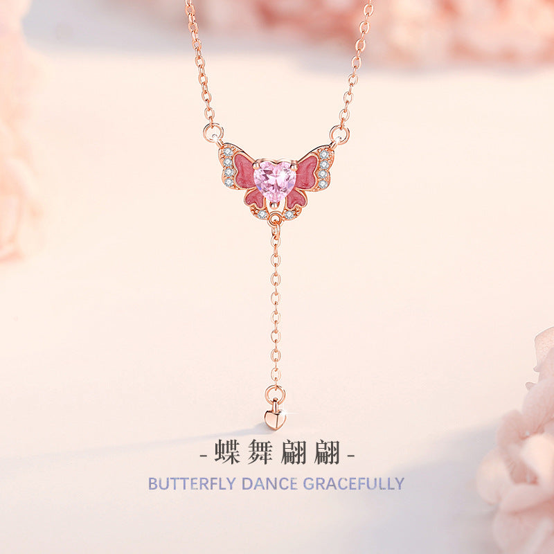 Butterfly Sterling Silver S925 Necklace Women's Fashion All-Match Pink Diamond Tassel Clavicle Chain Get Things Ins Style Love Pendant