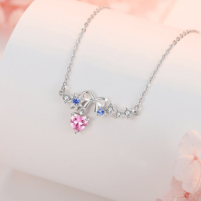 Lovely Sterling Silver 925 Necklace Women's Fashion All-Match Star Pink Diamond Clavicle Chain Ins Style Bow Tassel Pendant