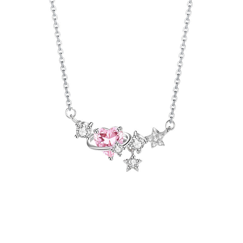 Planet Sterling Silver 925 Necklace Female Cute Light Luxury Sweet Style Pink Zircon Star Clavicle Chain Ins Love Pendant