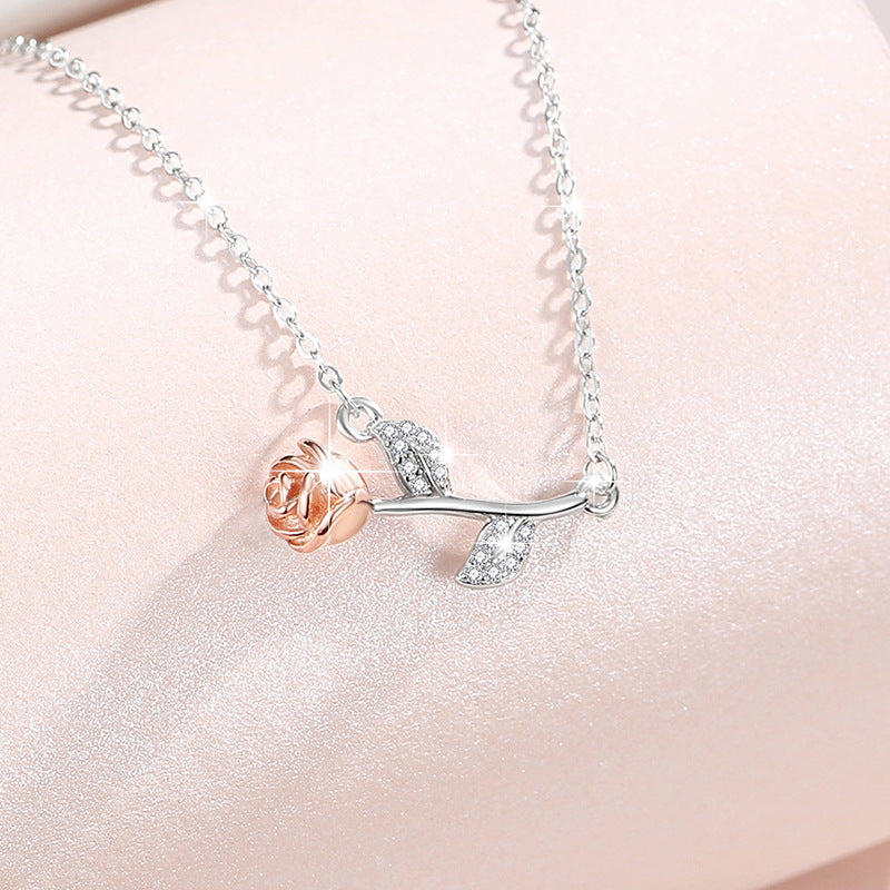 Rose Sterling Silver 925 Necklace for Women, Niche Design, Light Luxury Zircon Clavicle Chain, INS Style Flower Pendant