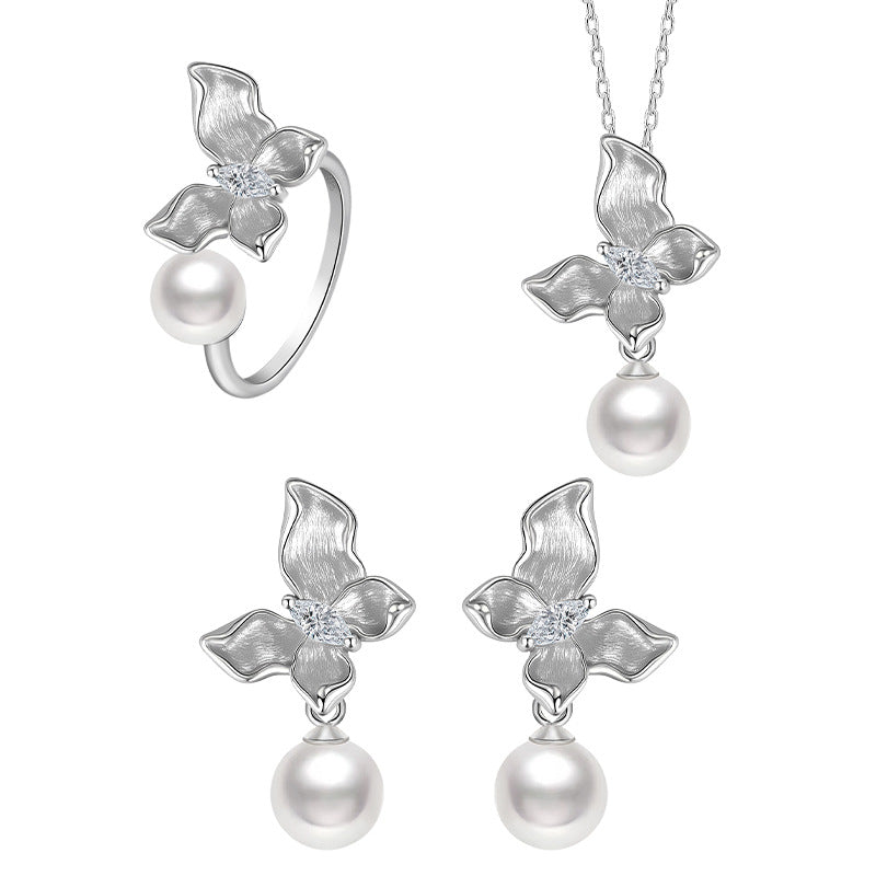 Brushed Butterfly Pearl S925 Sterling Silver Necklace Ring Stud Earrings Niche Light Luxury Valentine's Day Gift Jewelry Set for Women