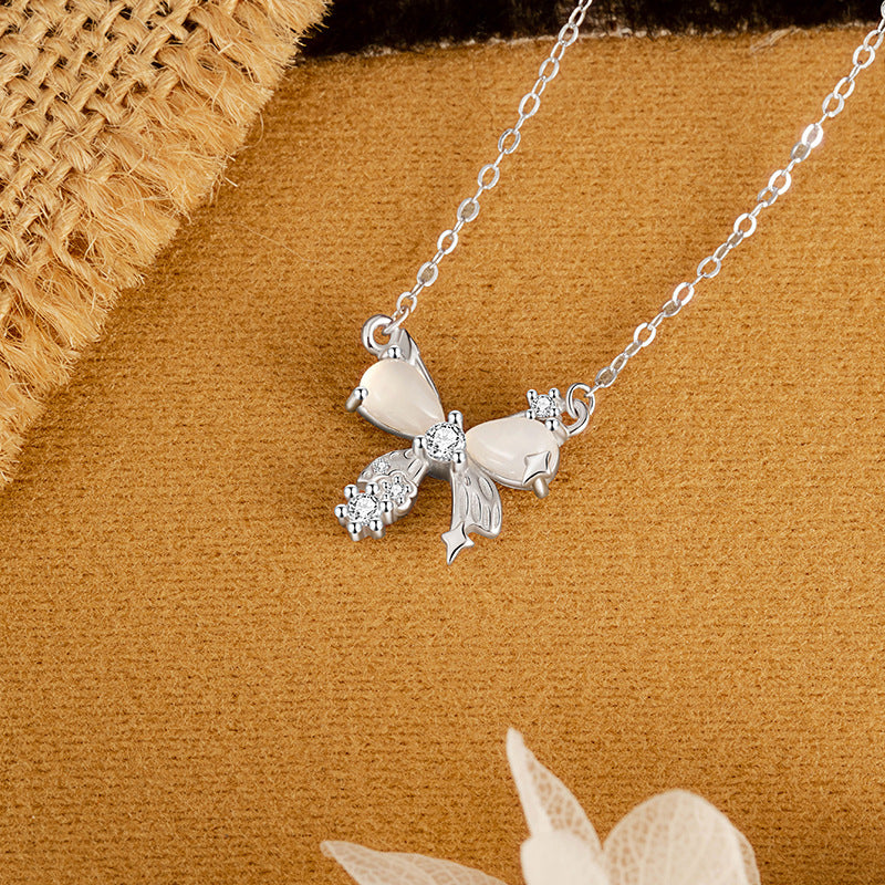 Fantasy Star White Chalcedony Bow Pendant S925 Sterling Silver Diamond-Embedded Clavicle Chain High-Grade Sweet Style for Girlfriend