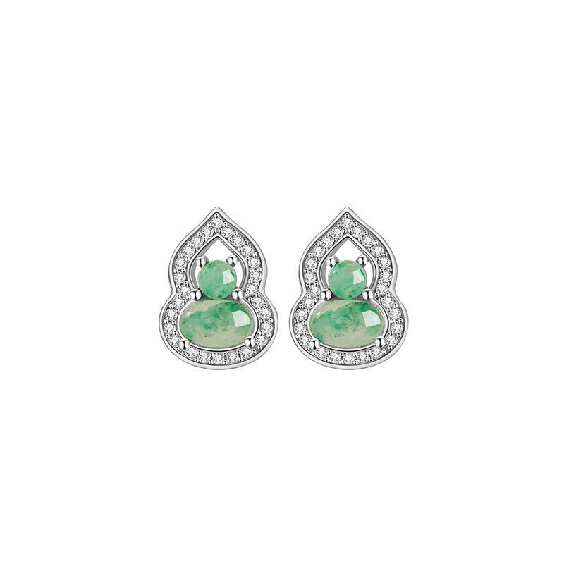 Fu Lu Double Full Sterling Silver 925 Stud Earrings Female Niche Design Light Luxury Natural African Emerald Earrings Ins Gourd Earrings