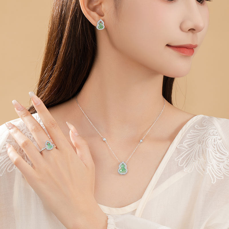 Fu Lu Double Full Sterling Silver 925 Necklace Women's New Chinese National Fashion Natural African Emerald Clavicle Chain Ins Style Gourd Pendant