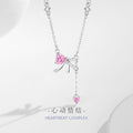 Bow Sterling Silver 925 Necklace Female Cute Sweet Style Pink Zircon Clavicle Chain Ins High-Grade Love Pendant